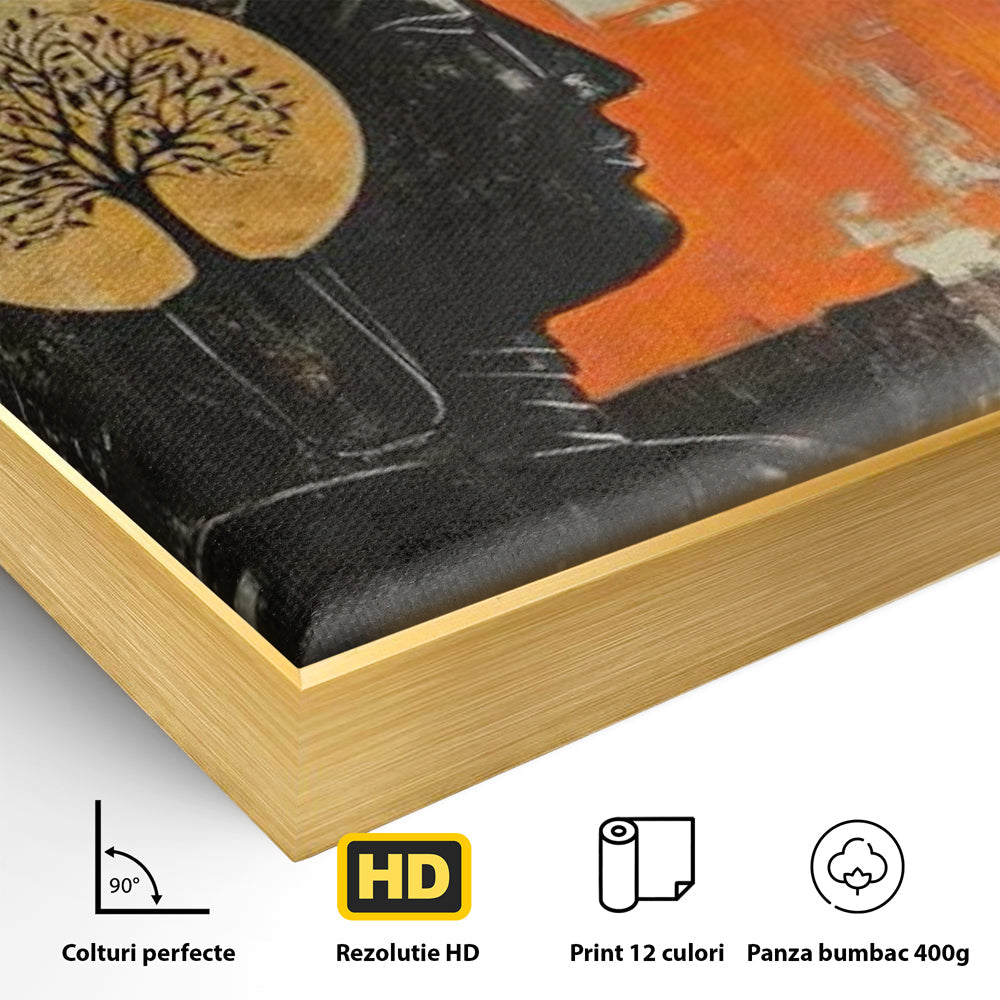 Detaliu al suprafetei: tablou canvas cu profilul lui buddha, in rama de aluminiu auriu
